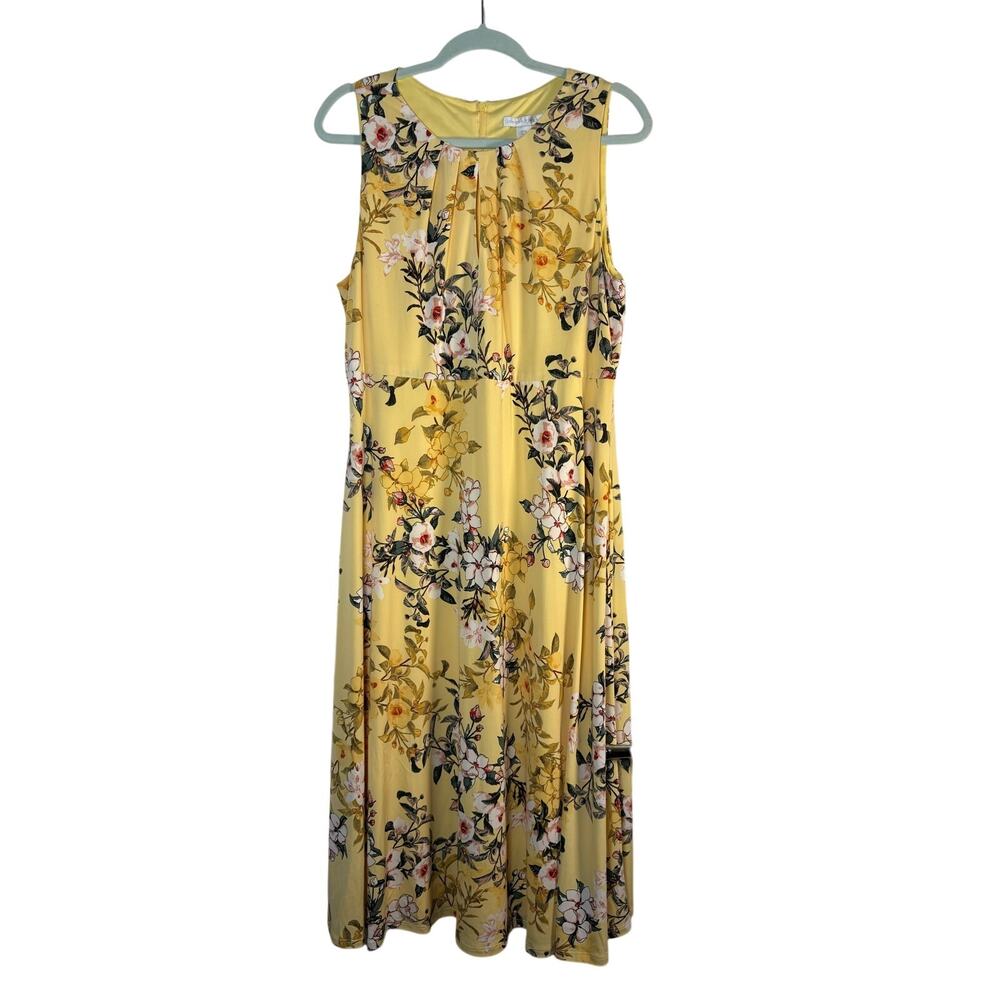 London Times Yellow Floral Pleated Midi Dress Sun Garden Wedding Guest Cruise 16